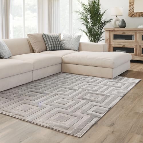Interiyou Teppich Wohnzimmer Cannes - 140x200 cm Grau - Für Schlafzimmer, Esszimmer, Kinderzimmer - Kurzflorteppich skandinavisches Boho Muster - Hoch-Tief Effekt - Flach mit Geometrischem Muster von Interiyou