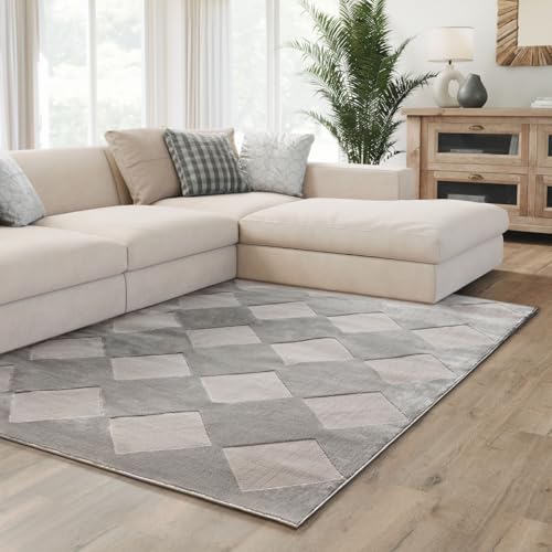 Interiyou Teppich Wohnzimmer Cannes - 120x170 cm Grau - Für Schlafzimmer, Esszimmer, Kinderzimmer - Kurzflorteppich skandinavisches Boho Muster - Hoch-Tief Effekt - Flach mit Geometrischem Muster von Interiyou