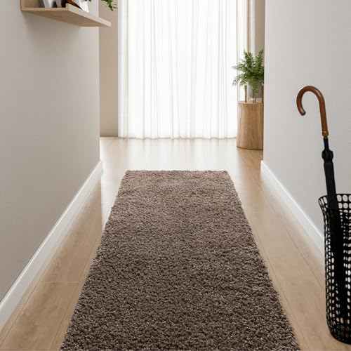 Interiyou Hochflor Teppich Sofia - 80x250 cm Taupe - flauschig und einfarbig - waschbar und rutschfest - weicher Langflor von Interiyou