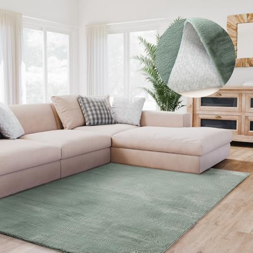 Interiyou Fargo - Teppich Wohnzimmer 80x150 cm Grün - Kurzflor Waschbar und rutschfest - Flauschiger Fellteppich aus Kunstfell - weicher Langflor Fell von Interiyou