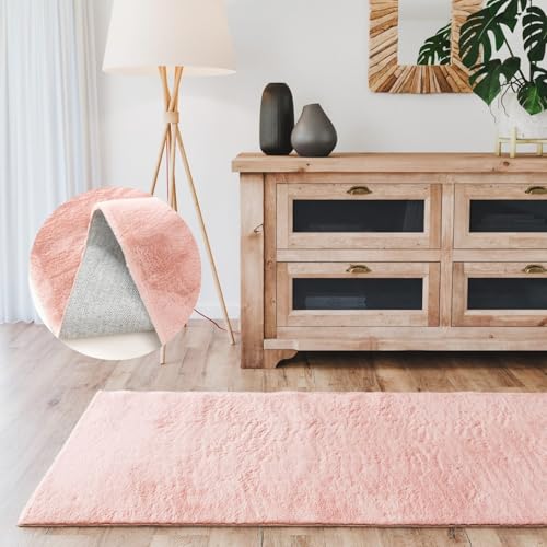 Interiyou Fargo - Teppich Wohnzimmer 80x300 cm Rosa - Kurzflor Waschbar und rutschfest - Flauschiger Fellteppich aus Kunstfell - weicher Langflor Fell von Interiyou