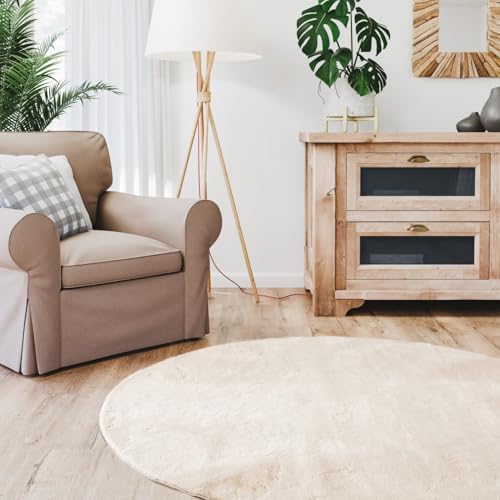 Interiyou Fargo - Teppich Wohnzimmer 80x80 cm Rund Beige - Kurzflor Waschbar und rutschfest - Flauschiger Fellteppich aus Kunstfell - weicher Langflor Fell von Interiyou