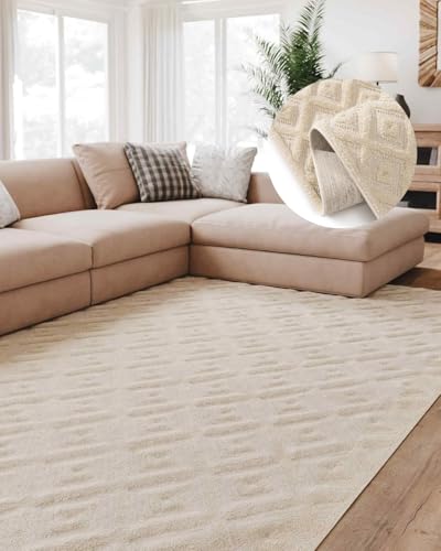 Interiyou Teppich Wohnzimmer Lecce - 120x170 cm Creme - Für Schlafzimmer, Esszimmer, Kinderzimmer - Kurzflorteppich skandinavisches Boho Muster - Hoch-Tief Effekt - Flach mit Geometrischem Muster von Interiyou