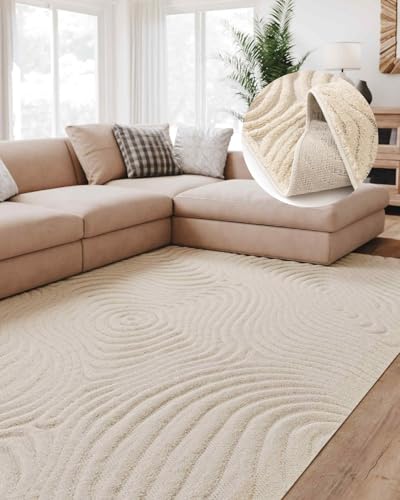 Interiyou Teppich Wohnzimmer Lecce - 140x200 cm Creme - Für Schlafzimmer, Esszimmer, Kinderzimmer - Kurzflorteppich skandinavisches Boho Muster - Hoch-Tief Effekt - Flach mit Geometrischem Muster von Interiyou