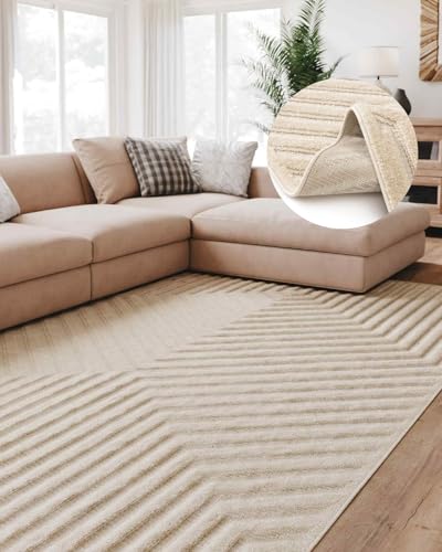 Interiyou Teppich Wohnzimmer Lecce - 200x290 cm Creme - Für Schlafzimmer, Esszimmer, Kinderzimmer - Kurzflorteppich skandinavisches Boho Muster - Hoch-Tief Effekt - Flach mit Geometrischem Muster von Interiyou