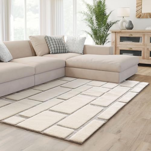 Interiyou Teppich Verona - 140x200 cm Creme/Grau - Hochflor mit 3D-Effekt - geometrische Muster - Indoor - Pflegeleicht von Interiyou