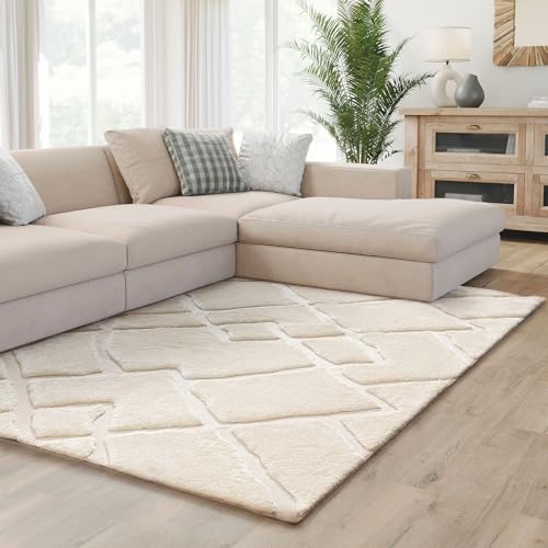 Interiyou Teppich Verona - 140x200 cm Creme - Hochflor mit 3D-Effekt - geometrische Muster - Indoor - Pflegeleicht von Interiyou