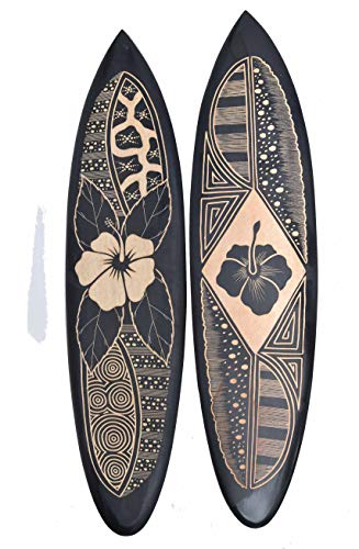 Interlifestyle 2 Tiki Deko Surfboards aus Hart Holz 100cm mit Hibiskus Motiv Surfboard Surfbrett Hawaii schwarz von Interlifestyle