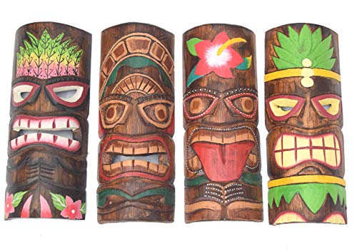 Interlifestyle 4 Bunte Tiki Masken 30cm im Hawaii Style 4er Set Holzmaske Wandmaske Wandmasken Osterinsel Südsee Karibik von Interlifestyle
