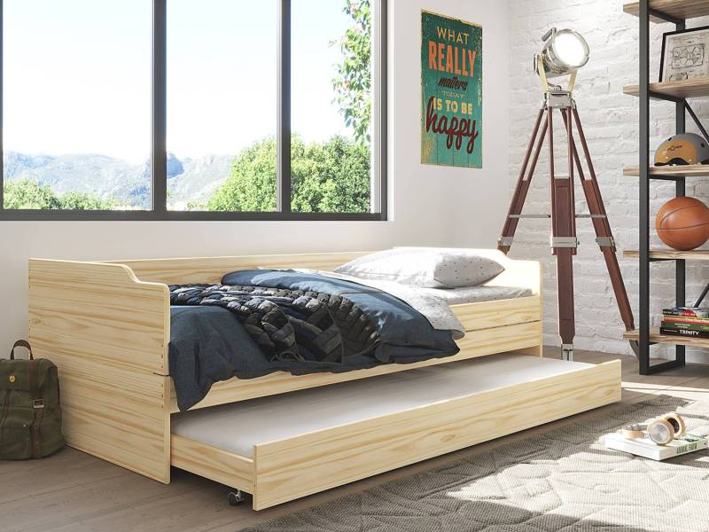 home24 Massivholzbett Lotar 90 x 200cm Massivholz Kiefer, lackiert Braun/Kiefer Natur Kiefer von home24