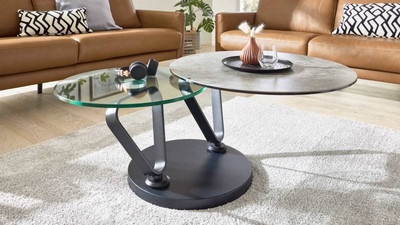 Interliving Couchtisch IL-6218 Ø ca. 75/130cm in Keramik silver/Klarglas von Interliving