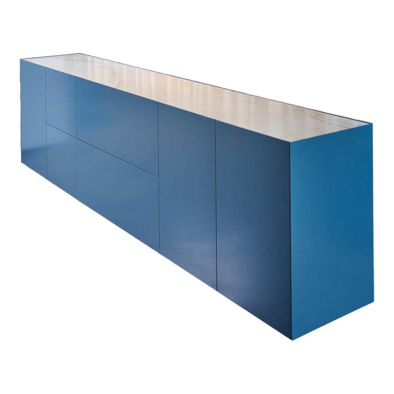 Schrank Sideboard Cube Light Lack Atlantik Mit Abdeckplatte Quarzit Taj Mahal Mi... von Interlübke
