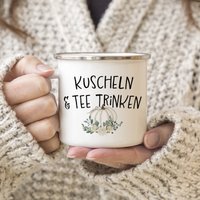 Emaille Becher Tasse - Kuscheln Und Tee Trinken Teetasse Teebecher Weißer Kürbis Baby Boo Pumkin Herbst von Interluxe