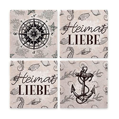 Interluxe 4 Stück Marmor Untersetzer - Heimat Liebe - Getränkeuntersetzer aus Antikmarmor für Gläser Tassen Tischdeko Meer Anker Heimathafen Maritim Sprüche von Interluxe