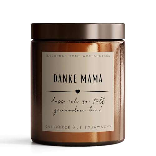 Interluxe Duftkerze im Apothekerglas - Danke Mama - Handgegossen in Deutschland Kerze aus Sojawachs Kerzen mit Spruch als Geschenk für Mama Freundin oder Freund von Interluxe