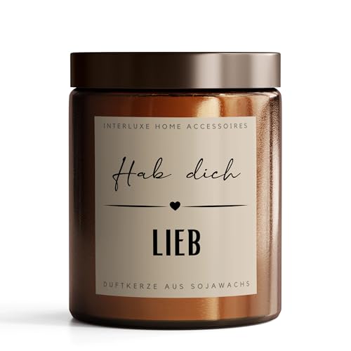 Interluxe Duftkerze im Apothekerglas - Hab dich lieb - Kerze aus Sojawachs Kerze mit Spruch duftende Kerze im Glas von Interluxe
