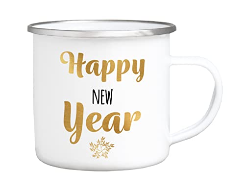 Interluxe EMAILLE BECHER - Happy new year Sternblume gold - Silvester Tasse Geschenkidee für Freunde Familie Glühwein Winter von Interluxe