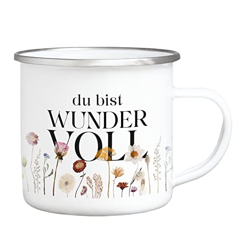 Interluxe Emaille Becher - Du bist wundervoll - 300 ml Tasse mit Spruch Wildblumen Blumen Motiv von Interluxe