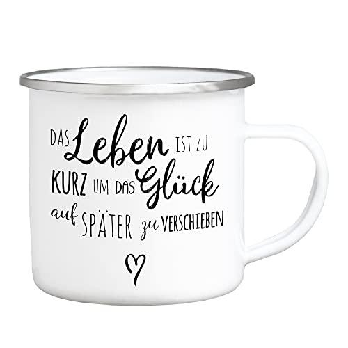 Interluxe Emaille Becher Tasse - Das Leben ist zu kurz Glück - Mitbringsel Outdoor Becher Kaffeetasse Freunde Familie Motivation glücklich sein von Interluxe