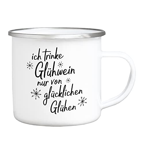 Interluxe Emaille Becher Tasse - Ich trinke nur Glühwein von glücklichen Glühen - lustiger Spruch Weihnachtsmarkt Weihnachtsdeko Weihnachtszeit Winterzeit Winter Geschenkidee Teetasse Teebecher von Interluxe