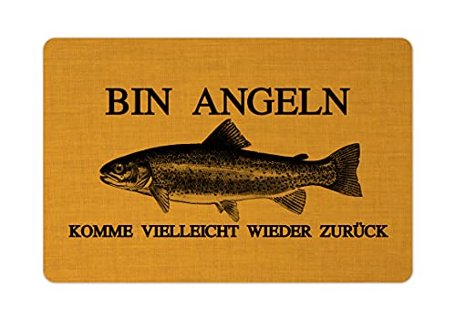 Interluxe Fußmatte 40x60 cm - Bin Angeln - rutschfeste Fussmatte als Geschenkidee für Angler, Fischer, Wasser, Teich, Hobby Mustard von Interluxe