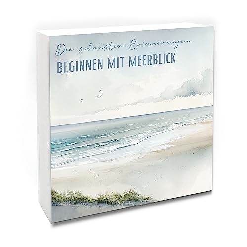Interluxe Holzblock - Die schönsten Erinnerungen beginnen mit Meerblick - Maritim Dekobild mit Spruch Holz Schild als Holzaufsteller Meer Küste Urlaub von Interluxe