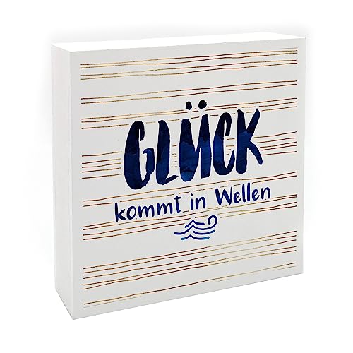 Interluxe Holzblock - Glück kommt in Wellen Maritim - Dekobild Holz Schild als Holzaufsteller Meer Küste Strand Urlaub von Interluxe