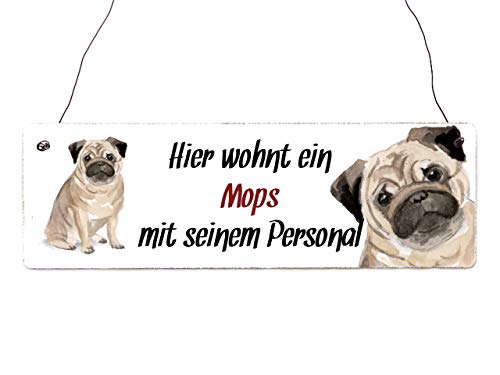 Interluxe Holzschild - Hier wohnt ein Mops - Türschild, Warnschild oder Hundeschild als Geschenk für Menschen mit Möpsen von Interluxe