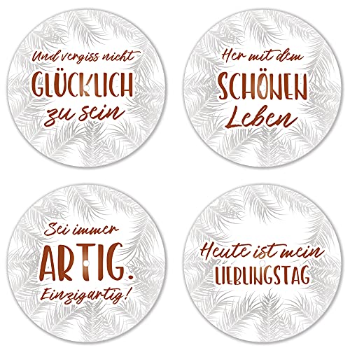 Interluxe LED Untersetzer RUND 4er Set - Glücklich Tropical grau - Vier leuchtende Design Untersetzer als Tischdeko, Geschenkidee, Boho von Interluxe