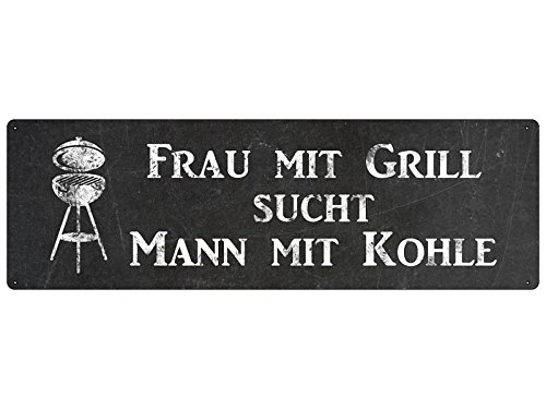 Interluxe METALLSCHILD Blechschild Frau MIT Grill SUCHT Mann MIT Kohle Grillen Geschenk von Interluxe