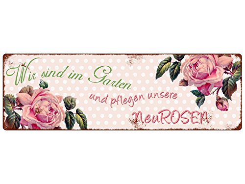 Interluxe METALLSCHILD Blechschild WIR SIND IM Garten [ NEUROSEN ] Rosa Blume Geschenk Deko von Interluxe