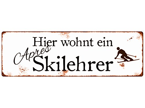 Interluxe METALLSCHILD Shabby Vintage Blechschild Hier WOHNT EIN APRÉS SKILEHRER Urlaub Schnee Winter von Interluxe