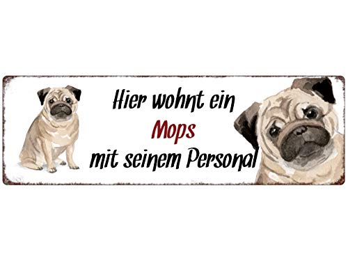 Interluxe Metallschild - Hier wohnt EIN Mops - dekoratives Schild, Türschild, Blechschild als Geschenk für Menschen mit Hund von Interluxe