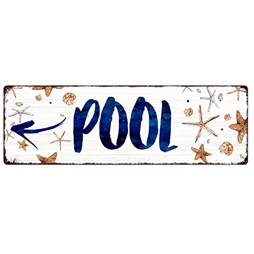 Interluxe Metallschild - Pool *Pfeil nach Links* - Dekoschild wetterfest Maritim Wegweiser Muscheln Poolschild von Interluxe