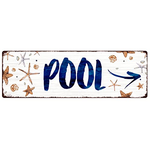 Interluxe Metallschild - Pool *Pfeil nach RECHTS* - Dekoschild wetterfest Maritim Wegweiser Muscheln Poolschild von Interluxe