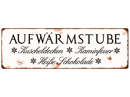 Interluxe Metallschild Shabby Vintage Blechschild AUFWÄRMSTUBE [SW] Weihnachten Winter Schild aus Metall von Interluxe