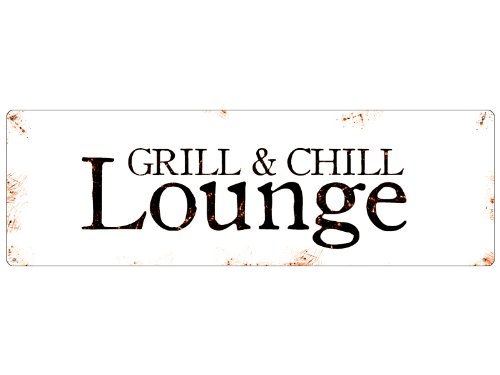 Retro METALLSCHILD Blechschild Türschild GRILL & CHILL LOUNGE Schild aus stabilem Metall Terrasse Balkon von Interluxe