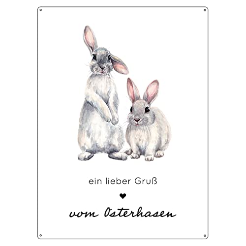 Interluxe Schild 300x220mm Metallschild Wandschild DIN A4 - Ein lieber Gruß vom Osterhasen - Ostern Frühling Deko Landhaus Shabby chic scandi Osterdeko Dekoschild mit Spruch von Interluxe