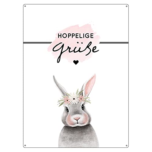 Interluxe Schild 300x220mm Metallschild Wandschild DIN A4 - Hoppelige Grüße Osterhase - Ostern Frühling Deko Landhaus Shabby chic scandi Osterdeko Dekoschild mit Spruch von Interluxe