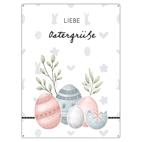 Interluxe Schild 300x220mm Metallschild Wandschild DIN A4 - Liebe Ostergrüße Osterhase - Ostern Frühling Deko Landhaus Shabby chic scandi Osterdeko Dekoschild mit Spruch von Interluxe