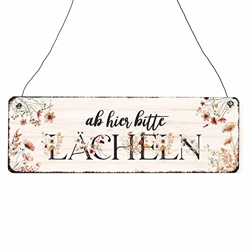 Interluxe Schild Holzschild - Ab hier bitte lächeln - Herbstzauber 22 Dekoschild Türschild mit Spruch Blumen Landhaus von Interluxe