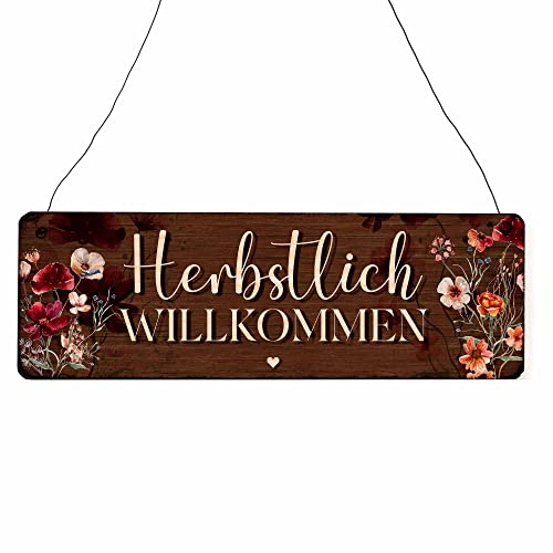 Interluxe Schild Holzschild - Herbstlich willkommen - Herbstzauber Herbst Dekoschild Türschild Besuch Gäste Blumen Landhaus von Interluxe