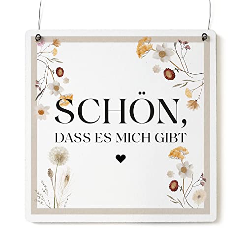 Interluxe Schild Holzschild XL - Schön, dass es mich gibt - Dekoschild Spruch Affirmation Japandi Freundin Freund Familie Blumen Wildblumen von Interluxe