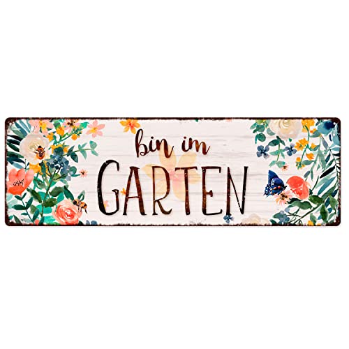 Interluxe Schild Metallschild - Bin im Garten - Schild als Geschenk Türschild Dekoschild Gartenschild Hinweisschild Tor Gartentor Gartentür Haustür Eingangsbereich von Interluxe