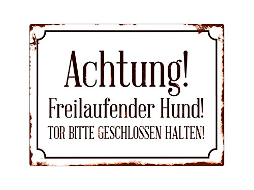 Interluxe Shabby Achtung! *FREILAUFENDER* Hund Warnschild Tor Wandschild Metall von Interluxe