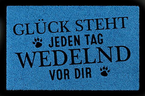 Interluxe TÜRMATTE Fußmatte GLÜCK Steht JEDEN Tag WEDELND VOR DIR Hund Eingang Spruch Royalblau von Interluxe