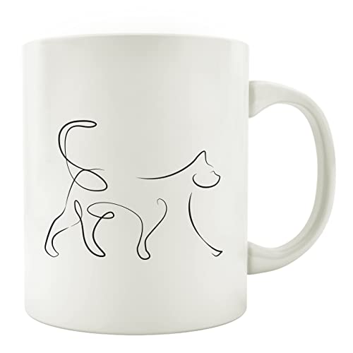 Interluxe Tasse Kaffeebecher - Katze Line Art B - retro Cat Katzenliebhaber cat Teetasse als Geschenk schwarz weiß Kaffeetasse Bürotasse von Interluxe