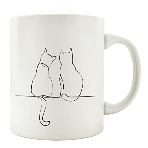 Interluxe Tasse Kaffeebecher - Katzen Line Art D - retro Katzenliebhaber cat Teetasse als Geschenk schwarz weiß Kaffeetasse Bürotasse von Interluxe