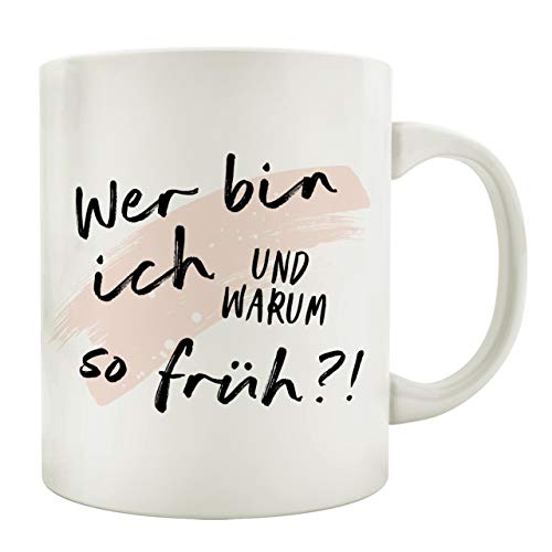 Interluxe Tasse Kaffeetasse mit Spruch WER Bin ICH UND Warum SO FRÜH morgens müde Frühaufsteher von Interluxe
