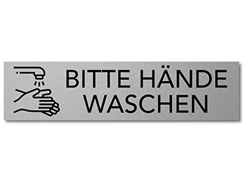 Interluxe Türschild Bitte Hände waschen 200x50x3mm, Schild aus Aluminium, selbstklebend und wiederablösbar für Toilette, WC, Waschraum oder Waschbecken von Interluxe